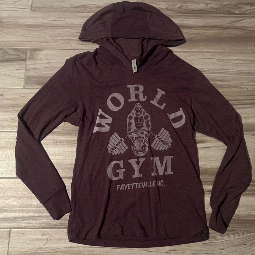 World Gym Fayetteville NC Long Sleeve Hooded Shirt Dark Purple Next Level Small